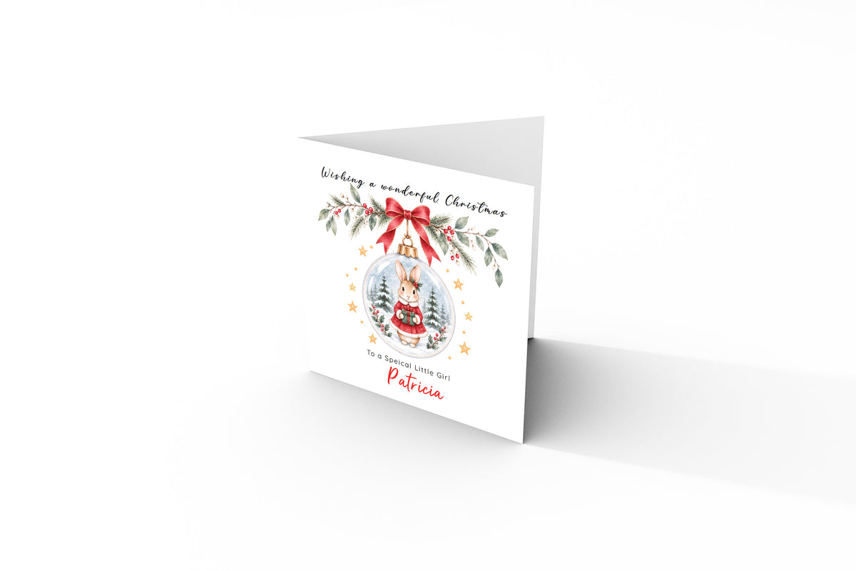 Personalised Christmas card for Girls – Red Bunny in a Christmas Bauble