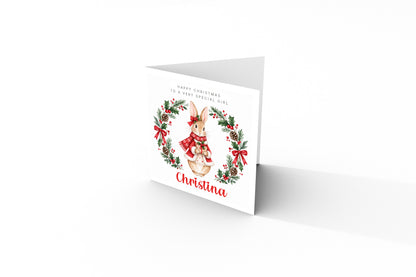 Personalised Christmas Card for Girls – Festive Bunny and Xmas Wreath