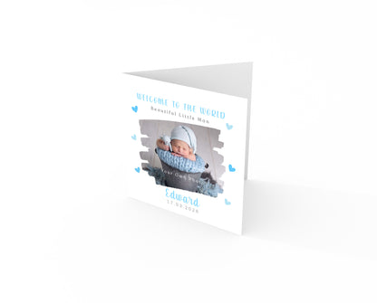 Personalised Photo New Baby Boy Card Congratulations for Newborn Boy, Welcome To The World Card for Son, Grandson, Nephew, Brush Stroke Photo Frame Design with Custom Name & Date with Blue Envelope