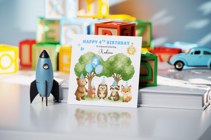 Personalised 4 Years Old 4th Birthday Card for Boys– Forest Animal Design with Custom Name & Message - Age 4 Woodland Birthday Card for Kids, Children, Son, Grandson Nephew with Blue Envelope
