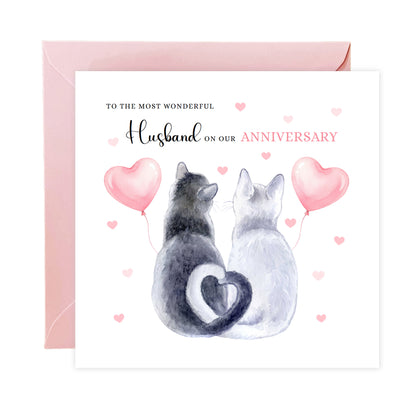 Cute Cat Anniversary Card for Husband or for Wife - Romantic Anniversary Card for Him, Her, Wedding, Dating, Relationship Milestones 1st, 2nd, 3rd, 5th, 10th, 20th 30th - Pink Envelope Included