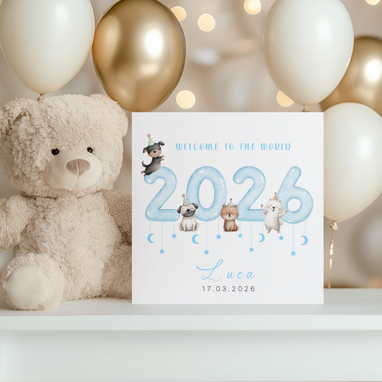 Personalised New Baby Boy Card Congratulations for Newborn Boy, Welcome To The World Card, Baby Shower for Son, Grandson, Nephew - Cute Puppy Dogs Design with Custom Name and Date with Blue Envelope