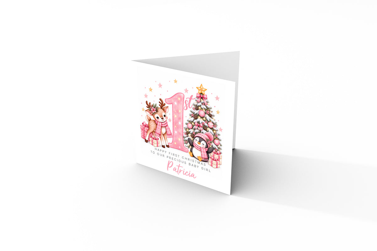 Personalised Baby Girl's 1st Christmas Card – Reindeer & Penguin Christmas Card