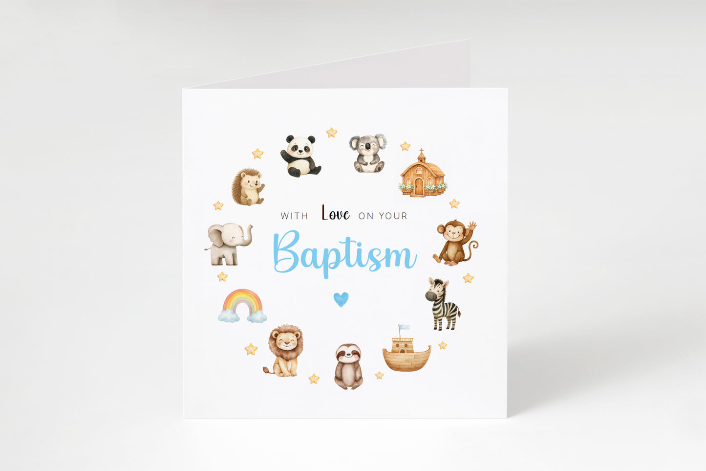 Baptism Christening Day Card for Boy – Cute Animals and Church Design – With Love on Your Baptism - Religious Christening Card for Boys, Son, Grandson, Nephew with Blue Envelope