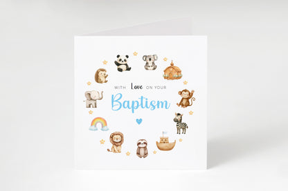 Baptism Christening Day Card for Boy – Cute Animals and Church Design – With Love on Your Baptism - Religious Christening Card for Boys, Son, Grandson, Nephew with Blue Envelope