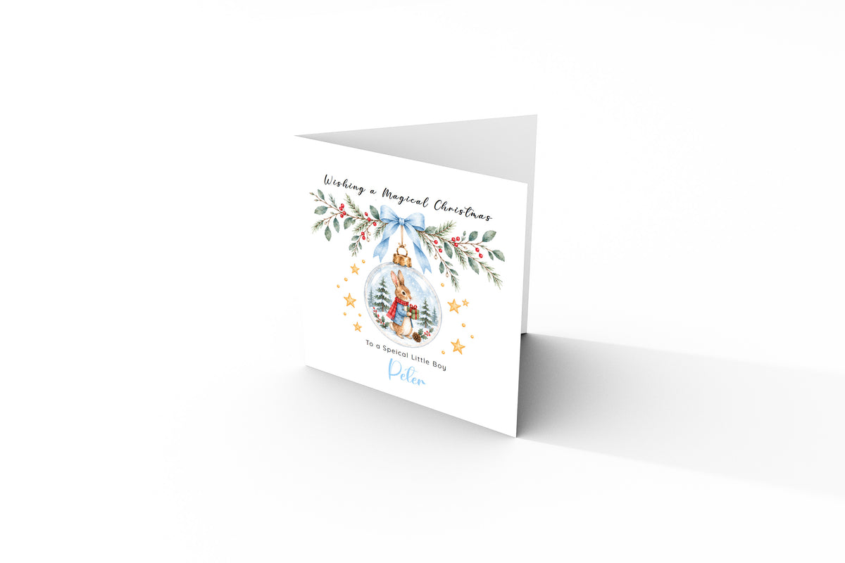 Personalised Christmas Card for Boys – Bunny in a Christmas Bauble