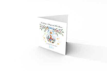 Personalised Christmas Card for Boys – Bunny in a Christmas Bauble