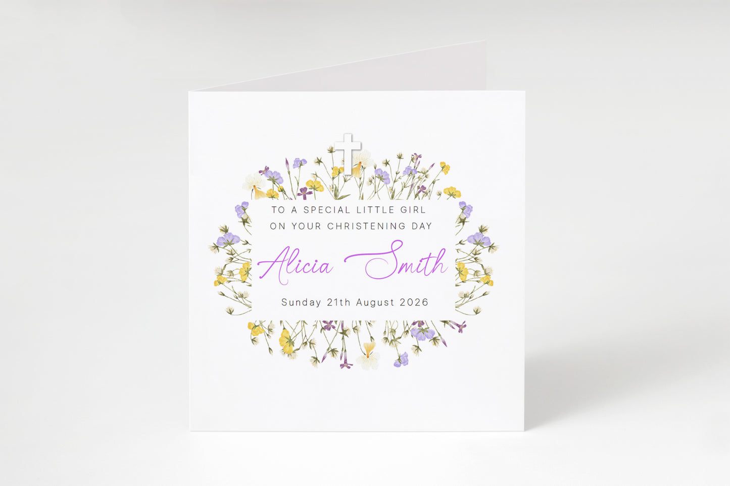 Personalised Christening Card for Girl – Custom Baptism Card with Name & Date - Elegant Purple Flowers Design – Baptism Card for Girls, Daughter, Granddaughter, Niece - Purple Envelope Included