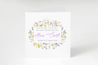 Personalised Christening Card for Girl – Custom Baptism Card with Name & Date - Elegant Purple Flowers Design – Baptism Card for Girls, Daughter, Granddaughter, Niece - Purple Envelope Included