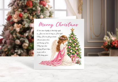 Angel & Christmas Tree Christian Christmas Card – Pink Watercolour Design