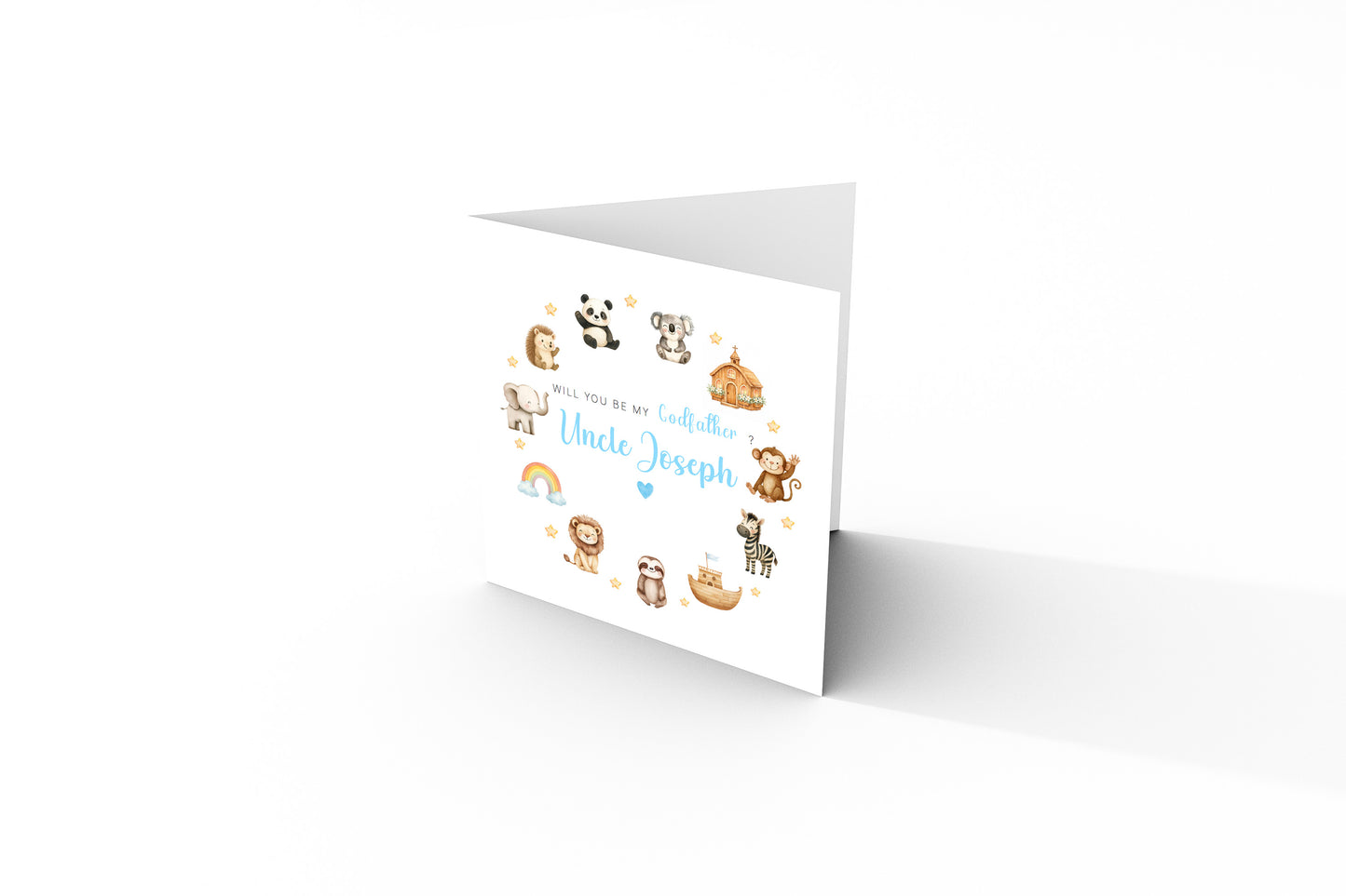 Personalised Godfather Proposal Card -  Will You Be My Godfather Card - Cute Animals Godfather Ask Card - Personalised Baptism Christening Day Proposal Card - Blue Envelope Included