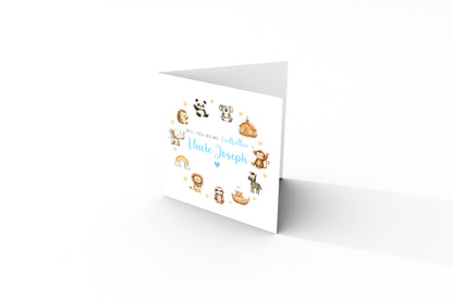 Personalised Godfather Proposal Card -  Will You Be My Godfather Card - Cute Animals Godfather Ask Card - Personalised Baptism Christening Day Proposal Card - Blue Envelope Included