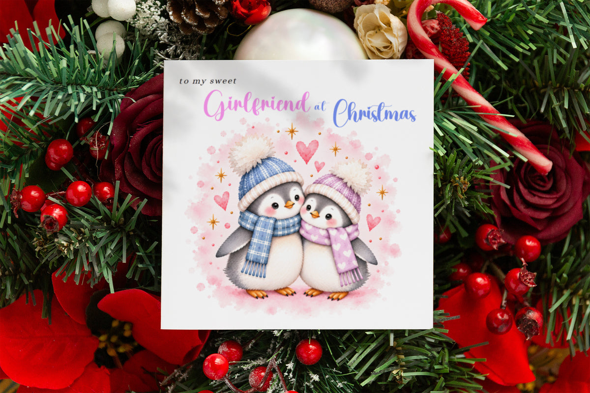 Merry Christmas Card for Girlfriend  – Cute Penguin Couple Christmas Card