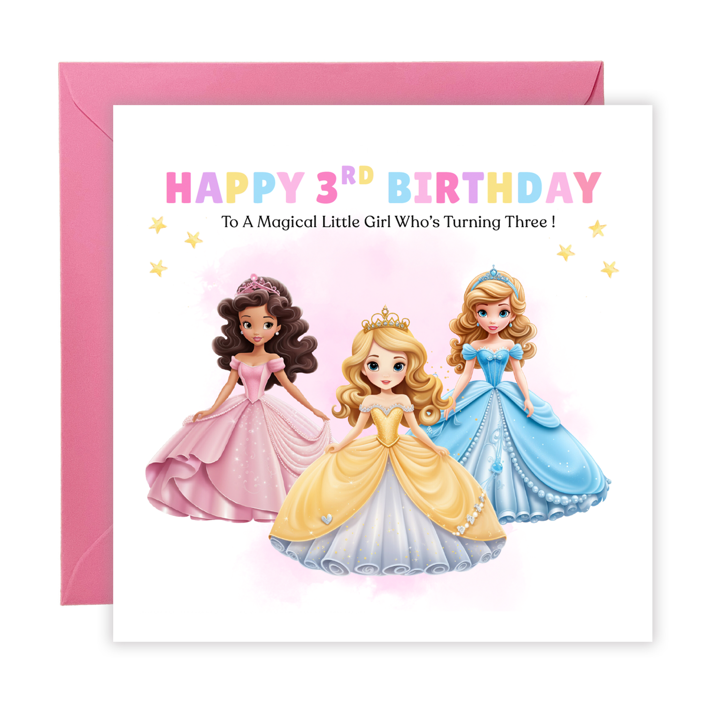 Beautiful Princess Birthday Card for Girls Ages 2, 3, 4, 5, 6, 7, 8-2nd, 3rd, 4th, 5th, 6th, 7th, 8th Birthday for Little Princess, Daughter, Granddaughter, Niece - Pink Envelope Included