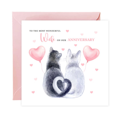 Cute Cat Anniversary Card for Husband or for Wife - Romantic Anniversary Card for Him, Her, Wedding, Dating, Relationship Milestones 1st, 2nd, 3rd, 5th, 10th, 20th 30th - Pink Envelope Included
