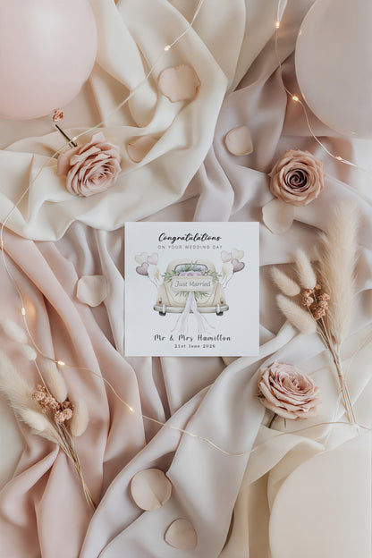 Personalised Wedding Card – Custom Couple's Names or  New Mr & Mrs Surname & Wedding Date – Elegant Wedding Car Design - Wedding Congratulations Card for Newlywed couples - Kraft Envelope Included