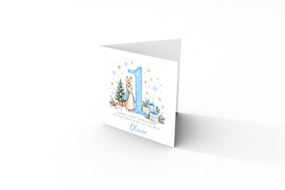 Personalised Christmas Card for Baby Boys – Cute Blue Rabbit and Number 1
