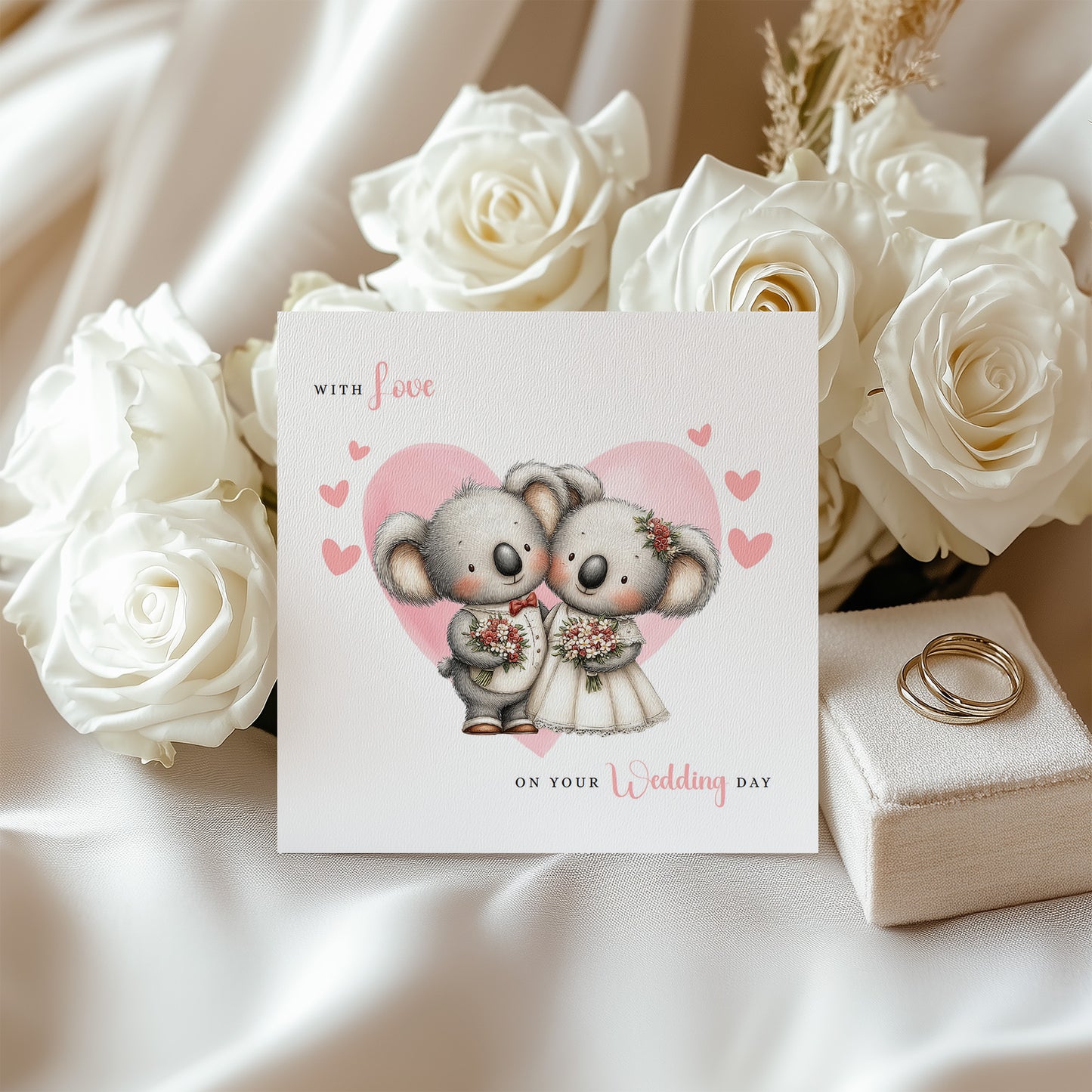 Cute Koala Wedding Card – Wedding Congratulations Card – Adorable Animal Wedding Card – Romantic Wedding Day Card for Newlywed couples, Animal Lovers, Him or Her – Pink Envelope Included