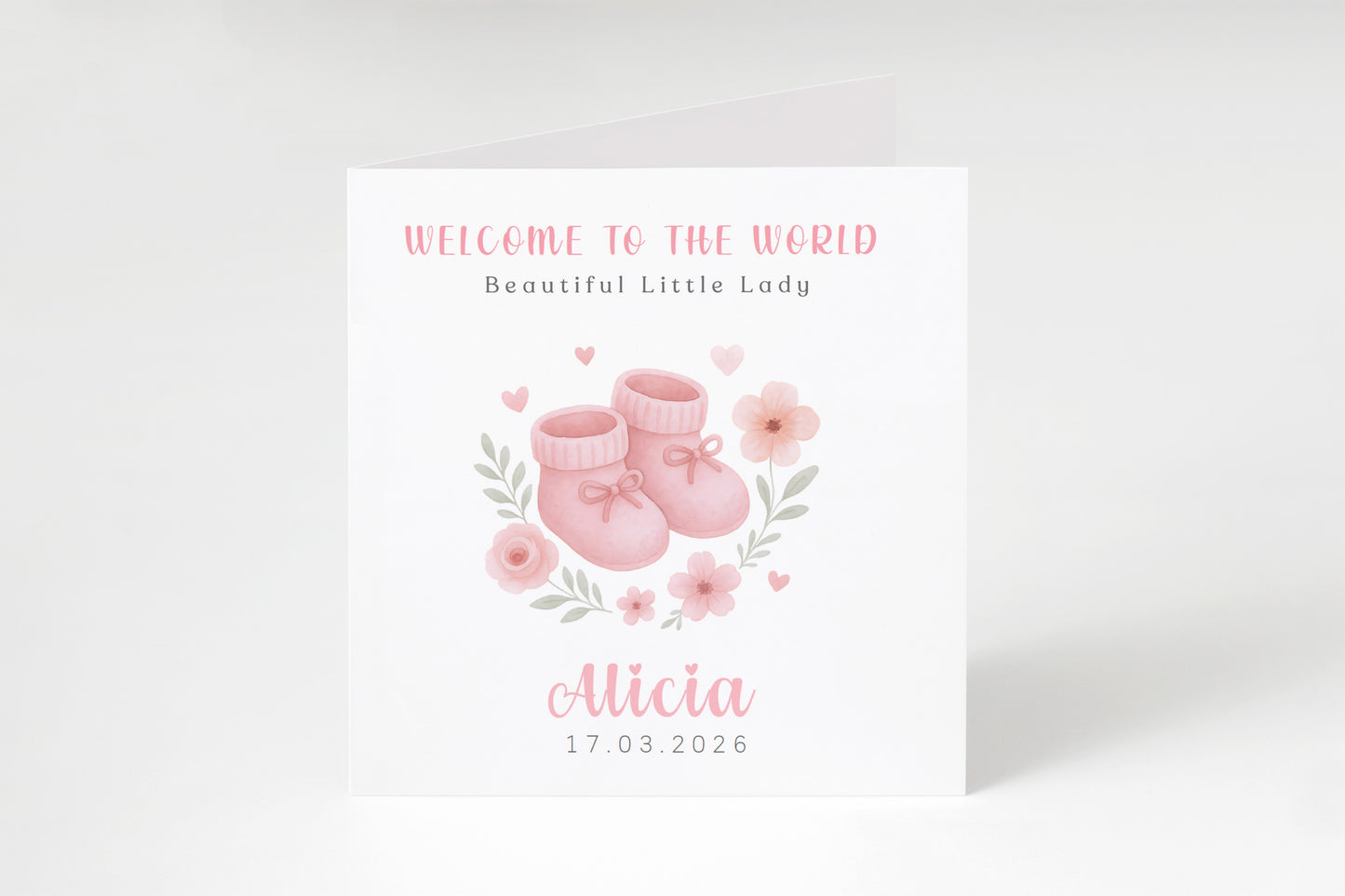 Personalised New Baby Girl Card Congratulations for Newborn Daughter, Granddaughter, Niece - Welcome To The World Card with Pink Baby Shoes Design - Custom Name & Date with Pink Envelope