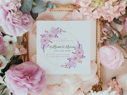 Personalised Floral Wedding Card with Custom Couple's Names & Wedding Date –  Romantic Flower Wreath Design - Wedding Congratulations Card for Newlywed couple, Him or Her - Purple Envelope Included