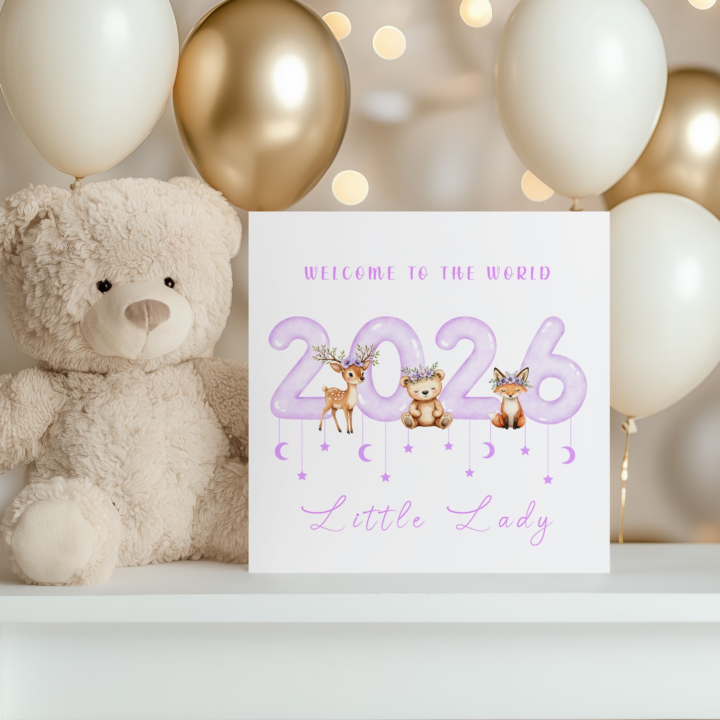 2026 New Baby Girl Card Congratulations for Newborn Daughter, Granddaughter, Niece, Welcome To The World, Baby Shower Card  - Cute Woodland Animals Design - Purple Envelope Included