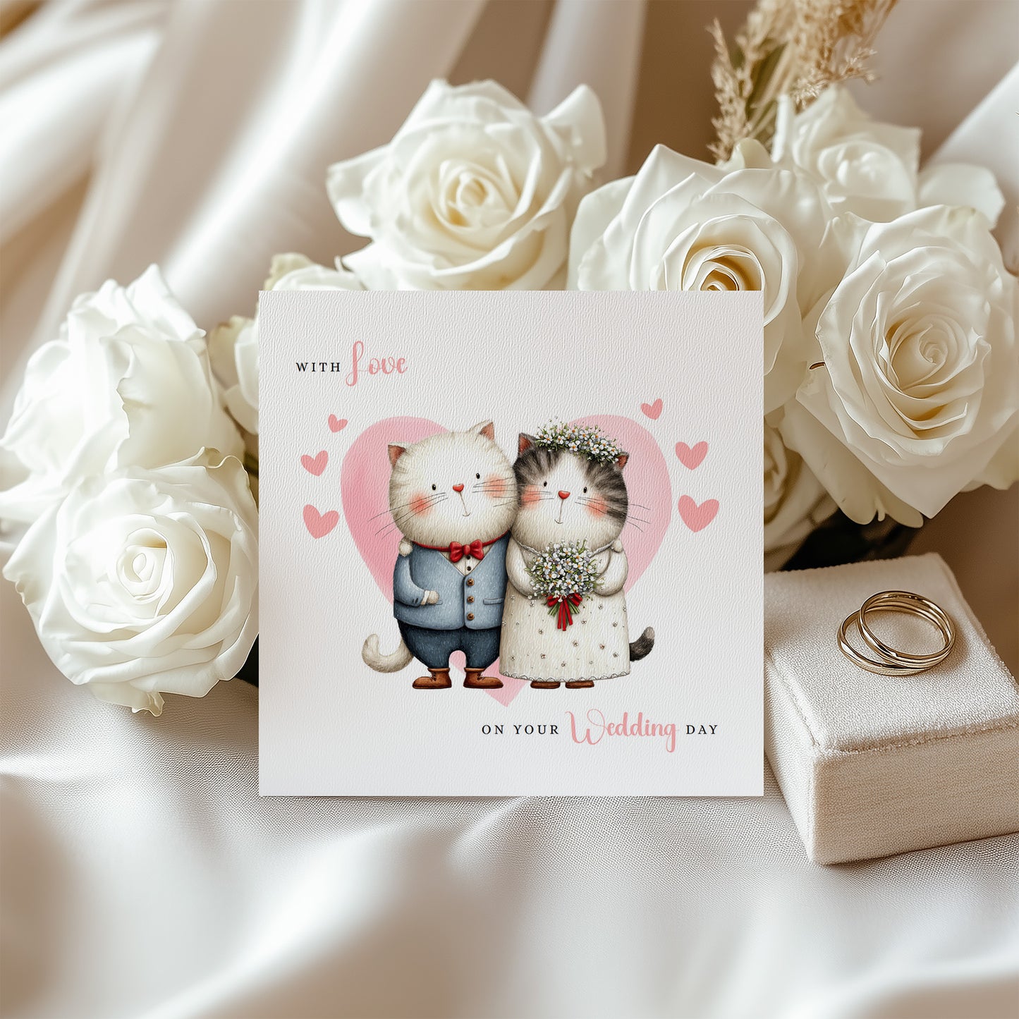 Cute Cat Wedding Card – Wedding Congratulations Card – Adorable Animal Wedding Card – Romantic Wedding Day Card for Newlywed couples, Cat Lovers, Him or Her – Pink Envelope Included