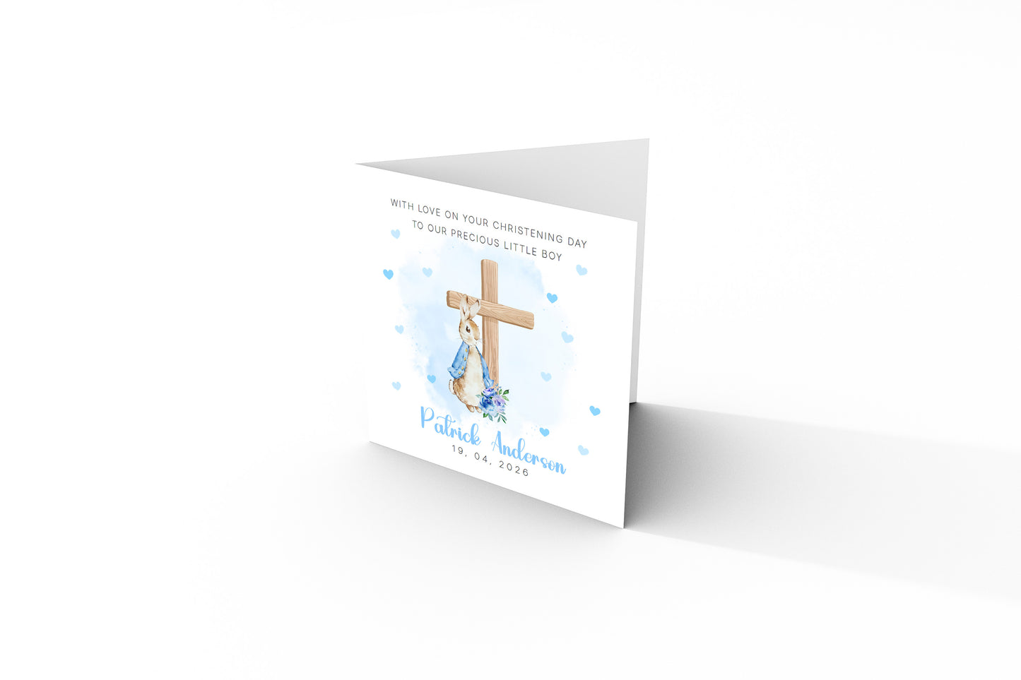 Personalised Christening Card for Boy – Custom Baptism Card with Message, Name & Date -  Blue Bunny Cross – Baptism Card for Boys, Son, Grandson, Nephew with Blue Envelope