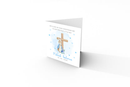 Personalised Christening Card for Boy – Custom Baptism Card with Message, Name & Date -  Blue Bunny Cross – Baptism Card for Boys, Son, Grandson, Nephew with Blue Envelope