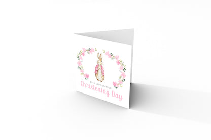 Christening Card for Girl – Floral Wreath Bunny Design –With Love on Your Christening Day -  Religious Baptism Card for Girls, Daughter, Granddaughter, Niece with Pink Envelope
