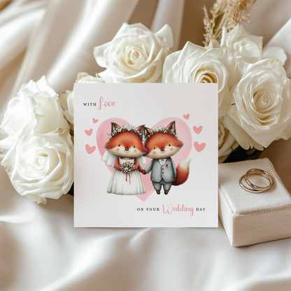 Cute Fox Wedding Card – Wedding Congratulations Card – Adorable Animal Wedding Card – Romantic Wedding Day Card for Newlywed couples, Animal Lovers, Him or Her – Pink Envelope Included