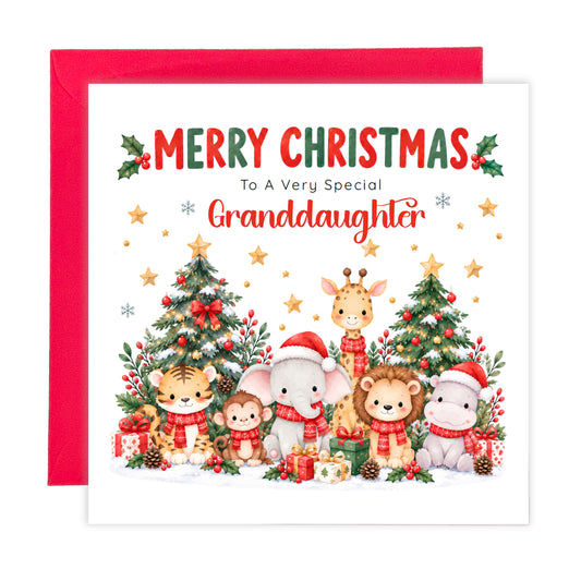 Jungle Animals Christmas Card for Granddaughter - Cute Safari Animals Design