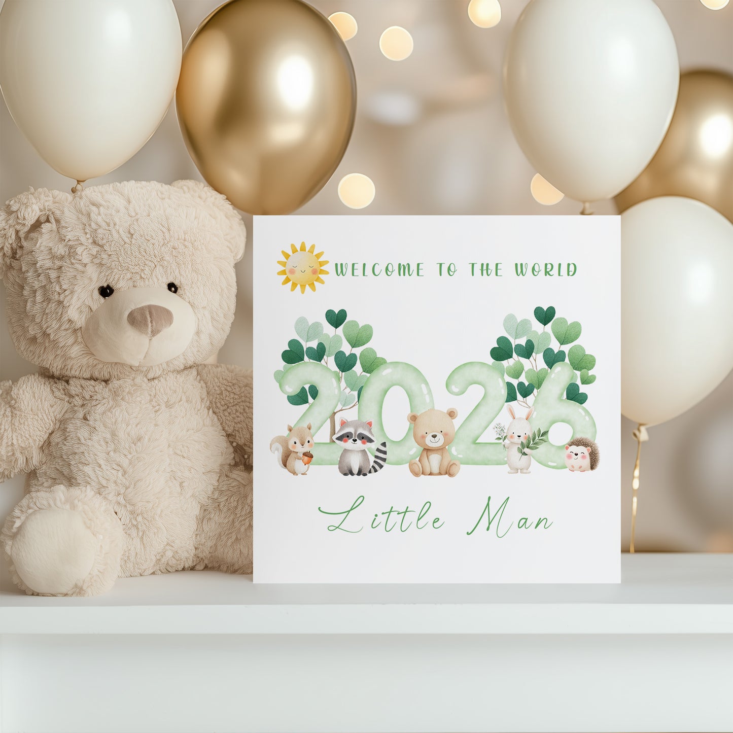 2026 New Baby Boy Card Congratulations for Newborn Boy, Son, Grandson, Nephew, Little One - Welcome To The World, Baby Shower Card - Cute Woodland Animal Design- Brown Kraft Envelope Includednd Date with Kraft Envelope (Copy)