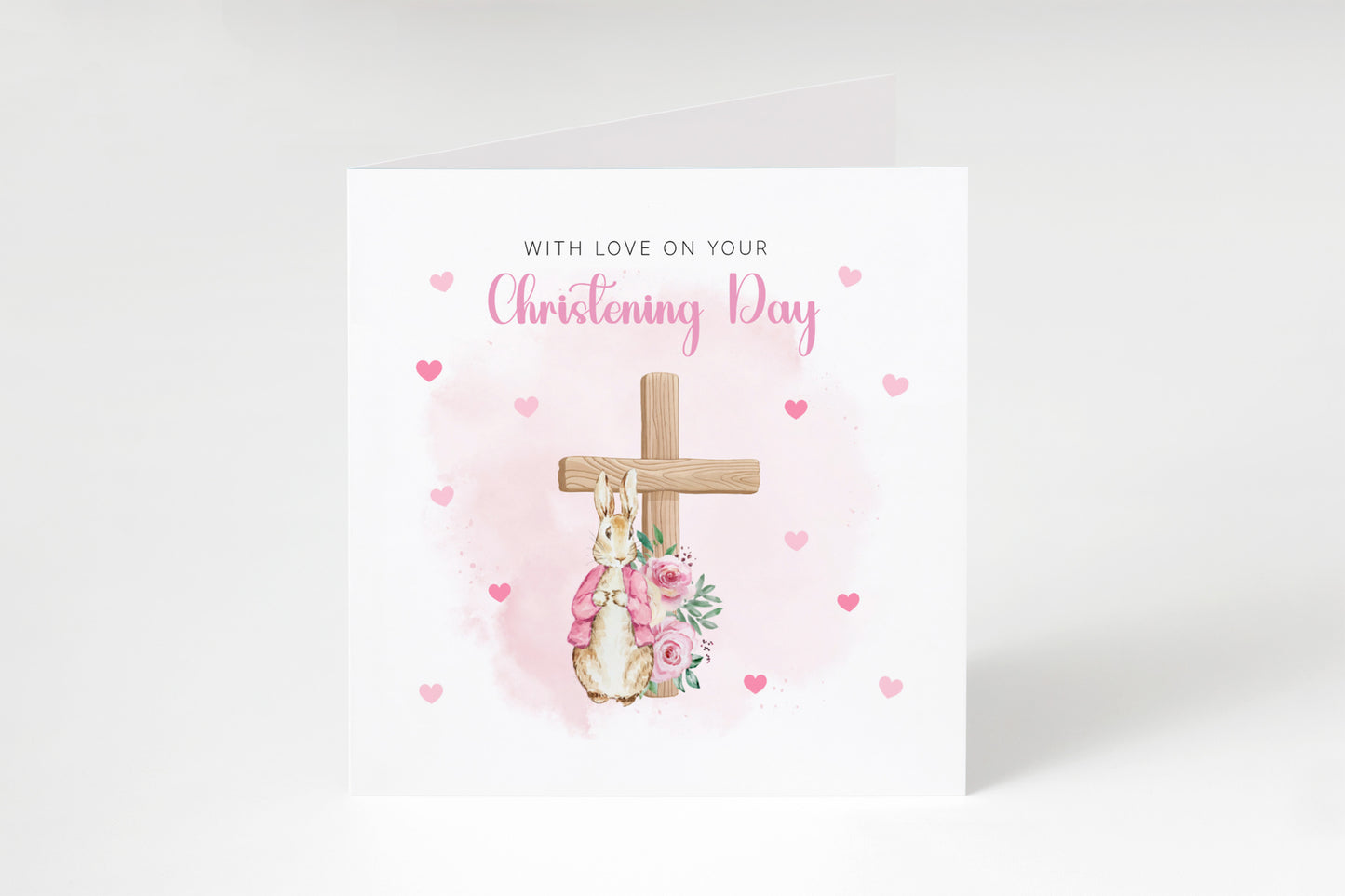 Christening Card for Girl – Bunny Cross Floral Design –With Love on Your Christening Day -  Religious Baptism Card for Girls, Daughter, Granddaughter, Niece with Pink Envelope