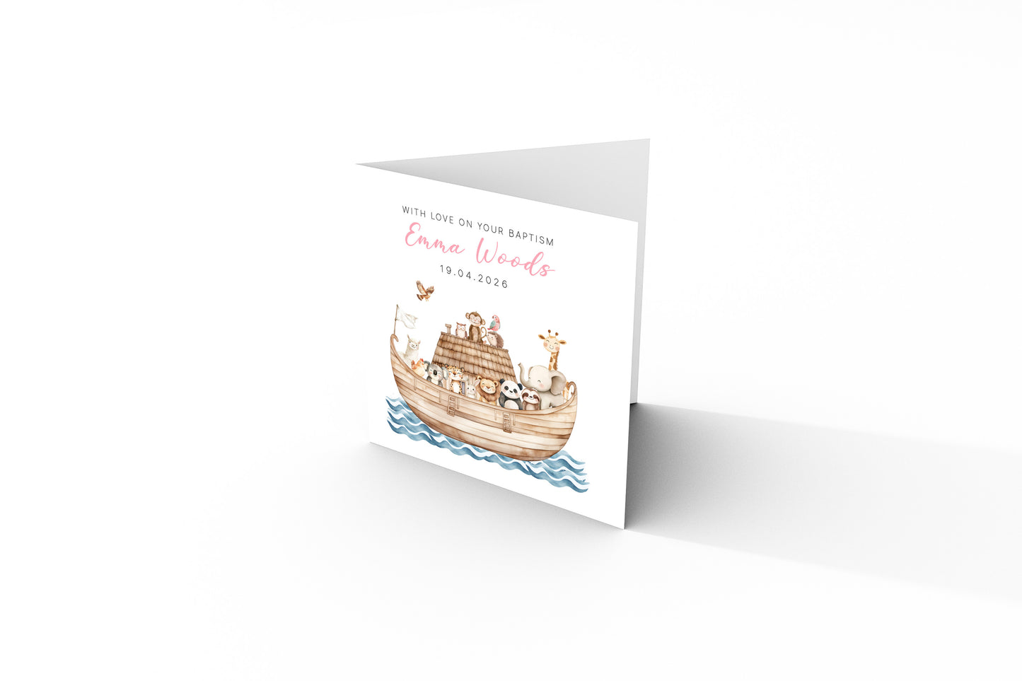 Personalised Christening Card for Girl – Custom Baptism Card with Name & Date - Noah’s Ark Design – Religious Baptism Card for Girls, Daughter, Granddaughter, Niece with Pink Envelope