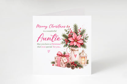 Christmas Card for Auntie – Pink Poinsettia & Festive Floral Design