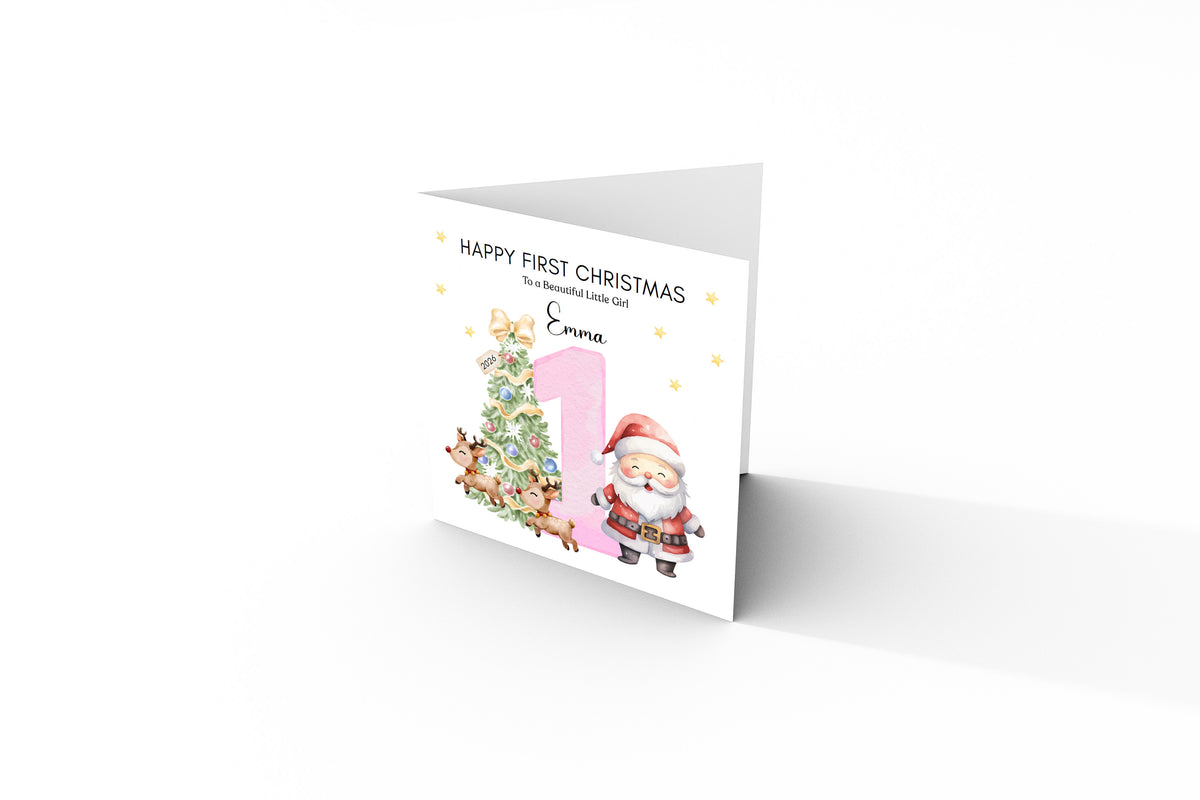 Personalised 1st Christmas Card for Baby Girl– Cute Santa and Xmas Tree Design with Customised Name and Message - First Xmas Card for Daughter, GrandDaughter, Niece - Pink Envelope Included