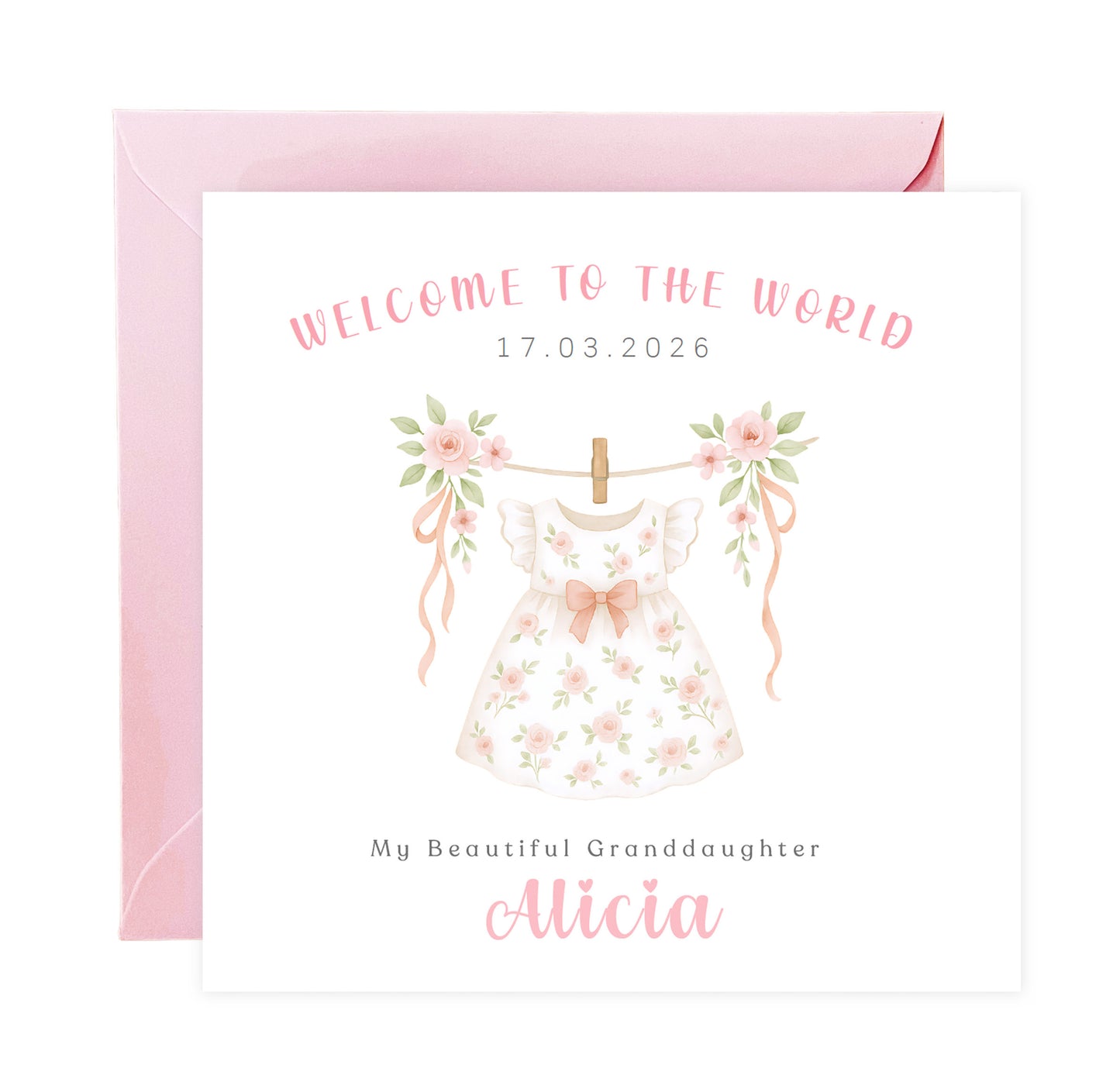 Personalised New Baby Girl Card Congratulations for Newborn Daughter, Granddaughter, Niece - Welcome To The World Card with Floral Dress Design - Custom Date, Message & Name with Pink Envelope