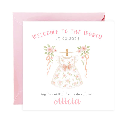 Personalised New Baby Girl Card Congratulations for Newborn Daughter, Granddaughter, Niece - Welcome To The World Card with Floral Dress Design - Custom Date, Message & Name with Pink Envelope