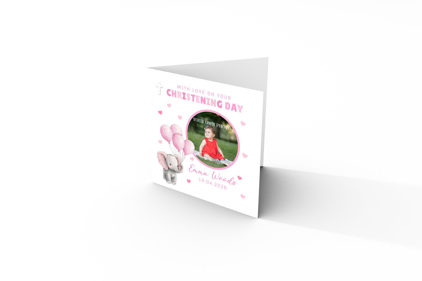 Personalised Photo Christening Card for Girl – Custom Baptism Card with Image, Name & Date - Pink Elepahnt Design – Religious Baptism Card for Girls, Daughter, Granddaughter, Niece with Pink Envelope