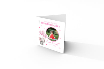 Personalised Photo Christening Card for Girl – Custom Baptism Card with Image, Name & Date - Pink Elepahnt Design – Religious Baptism Card for Girls, Daughter, Granddaughter, Niece with Pink Envelope