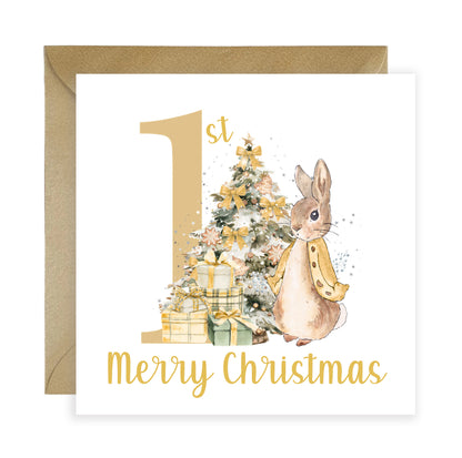 Happy 1st Christmas Card for Baby Boy or Baby Girl – Golden Rabbit and Christmas Trees