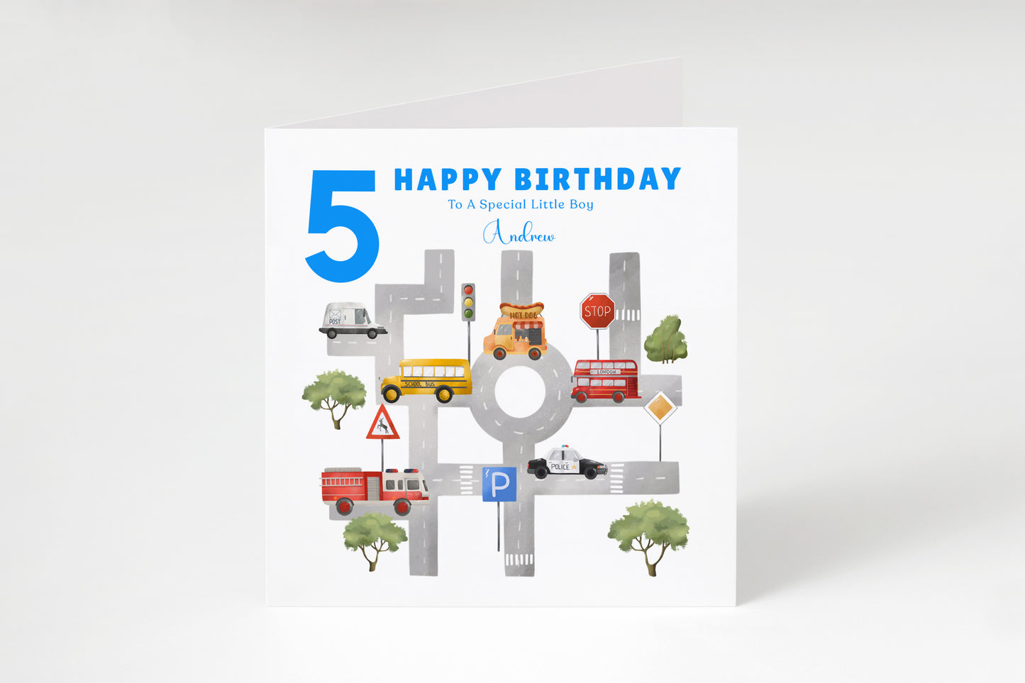 Personalised 5th Birthday Card for Boys – Cars, Transport Theme with Custom Name and Message, Age 5 Years Old Birthday Card for Kids, Children, Boy, Son, Grandson, Nephew – Blue Envelope Included