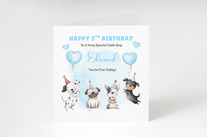 Personalised 5th Birthday Card for Boys – Cute Puppy Dogs Design with Custom Name and Message, Age 5 Years Old Birthday Card for Kids, Children, Boy, Son, Grandson, Nephew– Blue Envelope Included
