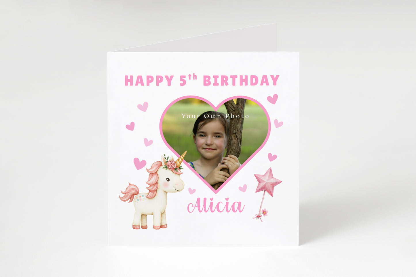 Personalised Photo 5 Years Old 5th Birthday Card for Girls – Unicorn Design, Heart Photo Frame with Custom Photo & Name for Age 5 Years Old Kid, Daughter, Granddaughter, Niece with Pink Envelope