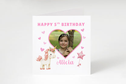 Personalised Photo 5 Years Old 5th Birthday Card for Girls – Unicorn Design, Heart Photo Frame with Custom Photo & Name for Age 5 Years Old Kid, Daughter, Granddaughter, Niece with Pink Envelope