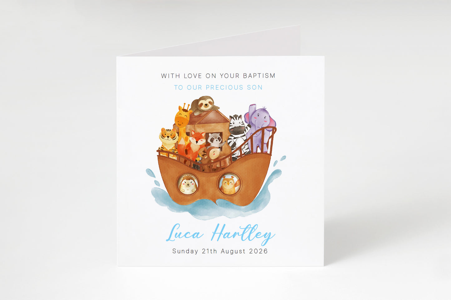 Personalised Christening Card for Boy – Custom Baptism Card with Message, Name & Date - Noah's Ark and Cute Animals Design – Baptism Card for Boys, Son, Grandson, Nephew with Blue Envelope