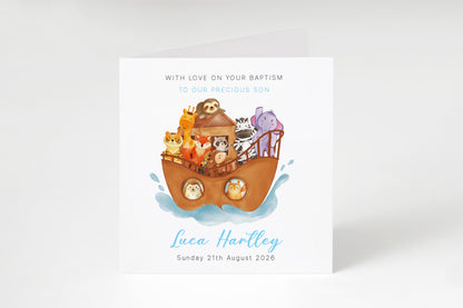 Personalised Christening Card for Boy – Custom Baptism Card with Message, Name & Date - Noah's Ark and Cute Animals Design – Baptism Card for Boys, Son, Grandson, Nephew with Blue Envelope