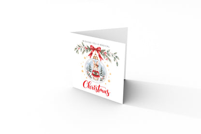 Festive Christmas card for Girls – Red Bunny in a Christmas Bauble