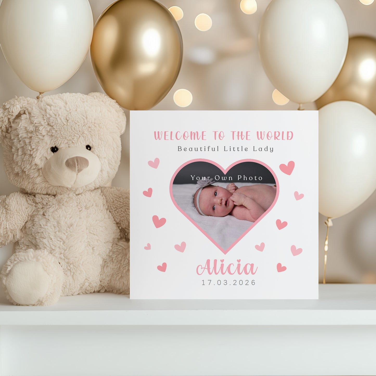 Personalised Phoro New Baby Girl Card Congratulations for Newborn Daughter, Granddaughter, Niece - Welcome To The World Card with Heart Frame Design - Custom Photo, Name & Date with Pink Envelope