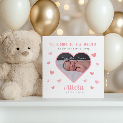 Personalised Phoro New Baby Girl Card Congratulations for Newborn Daughter, Granddaughter, Niece - Welcome To The World Card with Heart Frame Design - Custom Photo, Name & Date with Pink Envelope